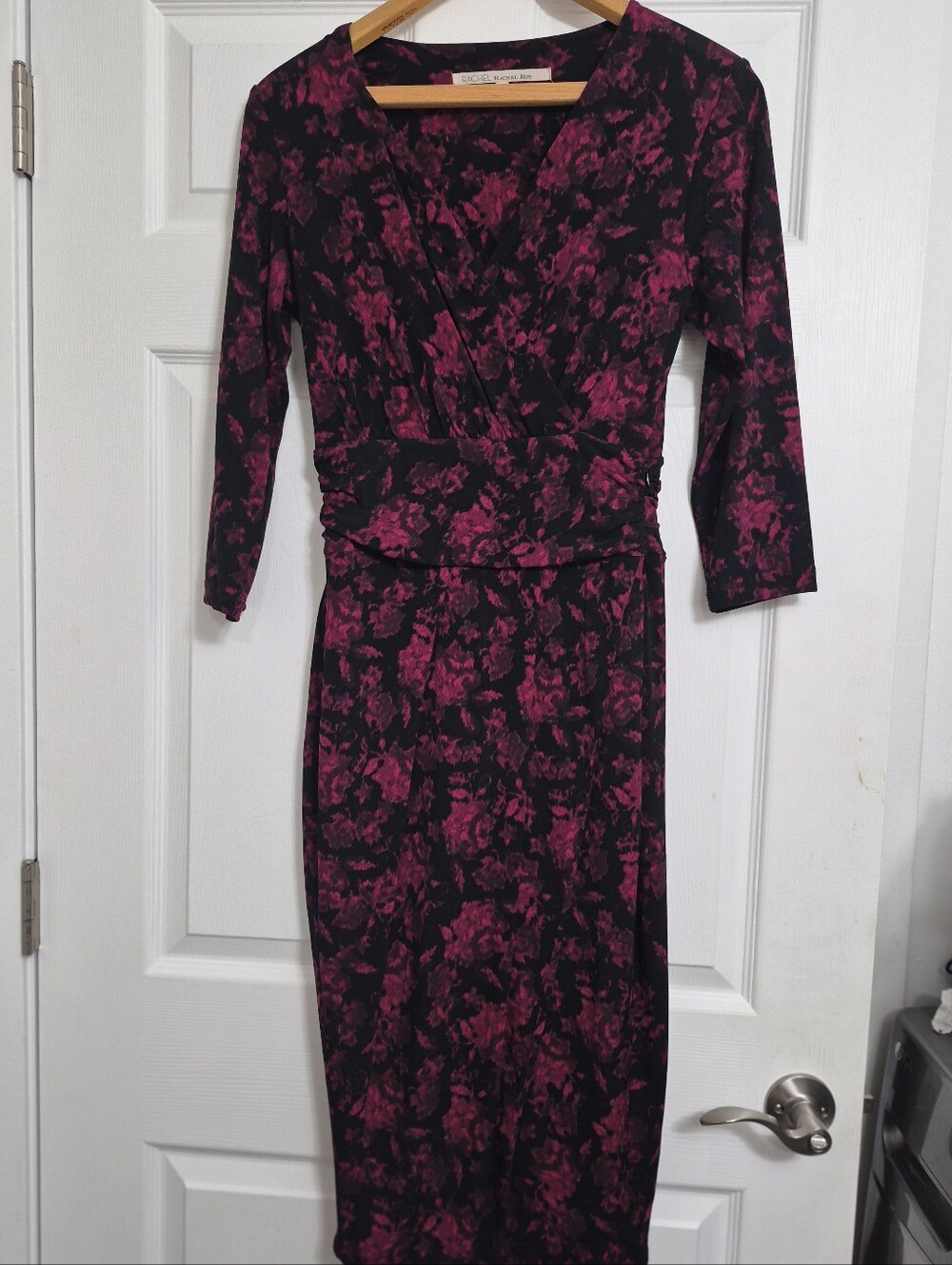 RACHEL Rachel Roy Black and Magenta Floral Midi Wrap Dress